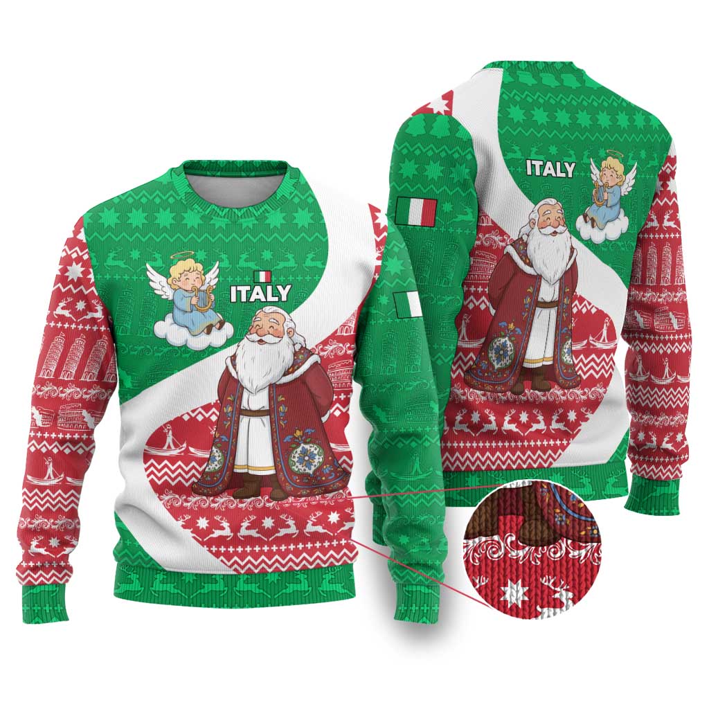 Italy Christmas Ugly Christmas Sweater with Pizza Chef Santa Leaning Tower Colosseum and Red Green Holiday Pattern Design - Wonder Print Shop