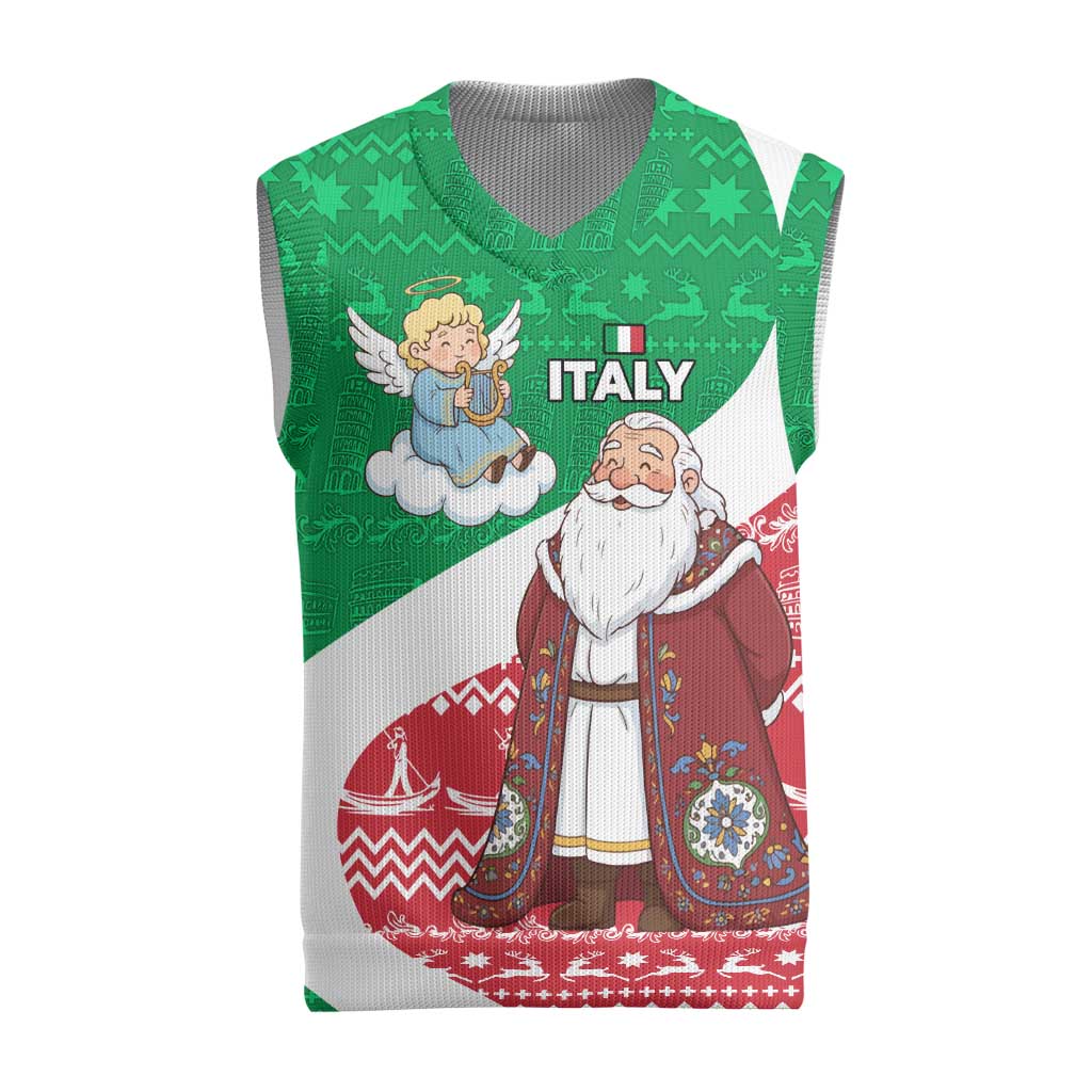 Italy Christmas Knitted V-Neck Vest with Pizza Chef Santa Leaning Tower Colosseum and Red Green Holiday Pattern Design - Wonder Print Shop
