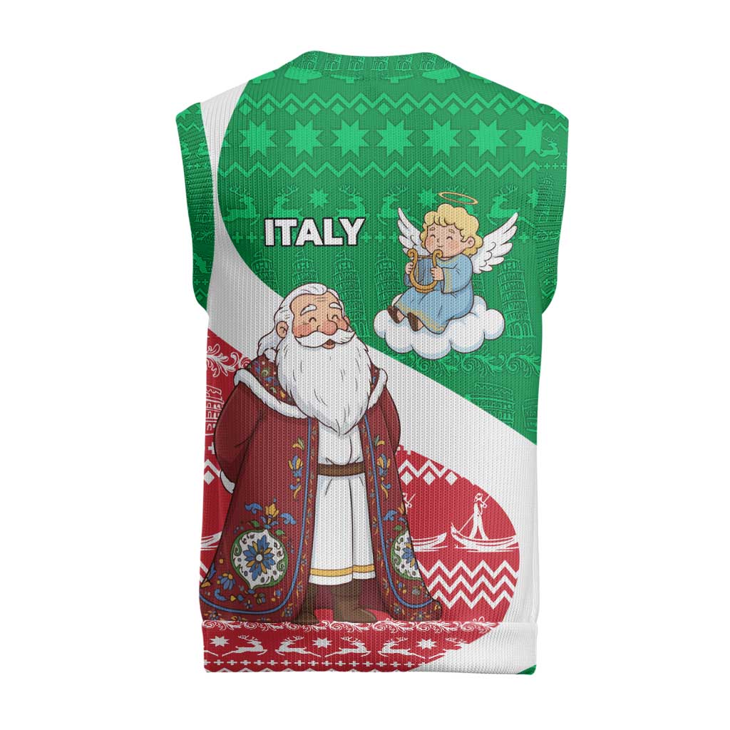 Italy Christmas Knitted V-Neck Vest with Pizza Chef Santa Leaning Tower Colosseum and Red Green Holiday Pattern Design - Wonder Print Shop