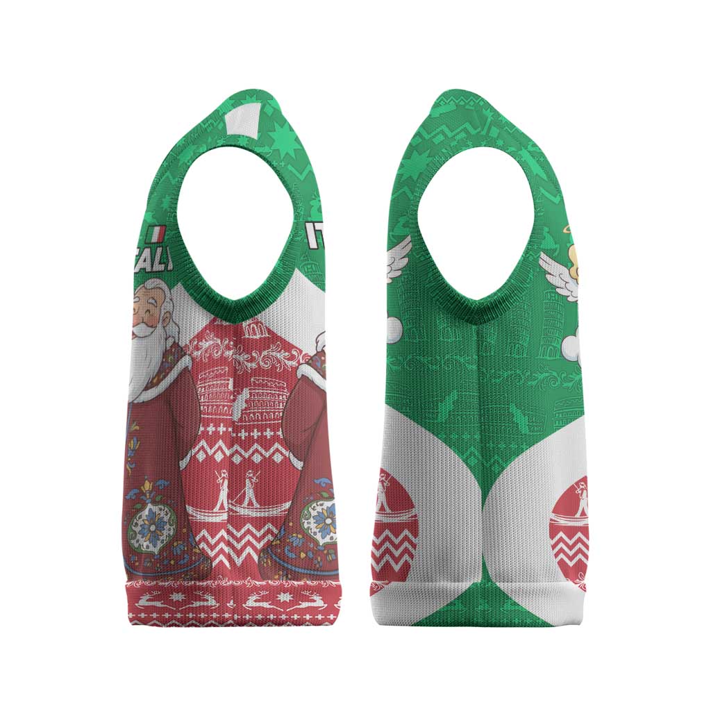 Italy Christmas Knitted V-Neck Vest with Pizza Chef Santa Leaning Tower Colosseum and Red Green Holiday Pattern Design - Wonder Print Shop