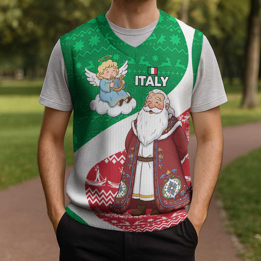 Italy Christmas Knitted V-Neck Vest with Pizza Chef Santa Leaning Tower Colosseum and Red Green Holiday Pattern Design - Wonder Print Shop