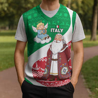 Italy Christmas Knitted V-Neck Vest with Pizza Chef Santa Leaning Tower Colosseum and Red Green Holiday Pattern Design - Wonder Print Shop