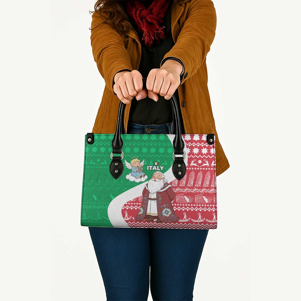 Italy Christmas Leather Bag with Pizza Chef Santa Leaning Tower Colosseum and Red Green Holiday Pattern Design - Wonder Print Shop