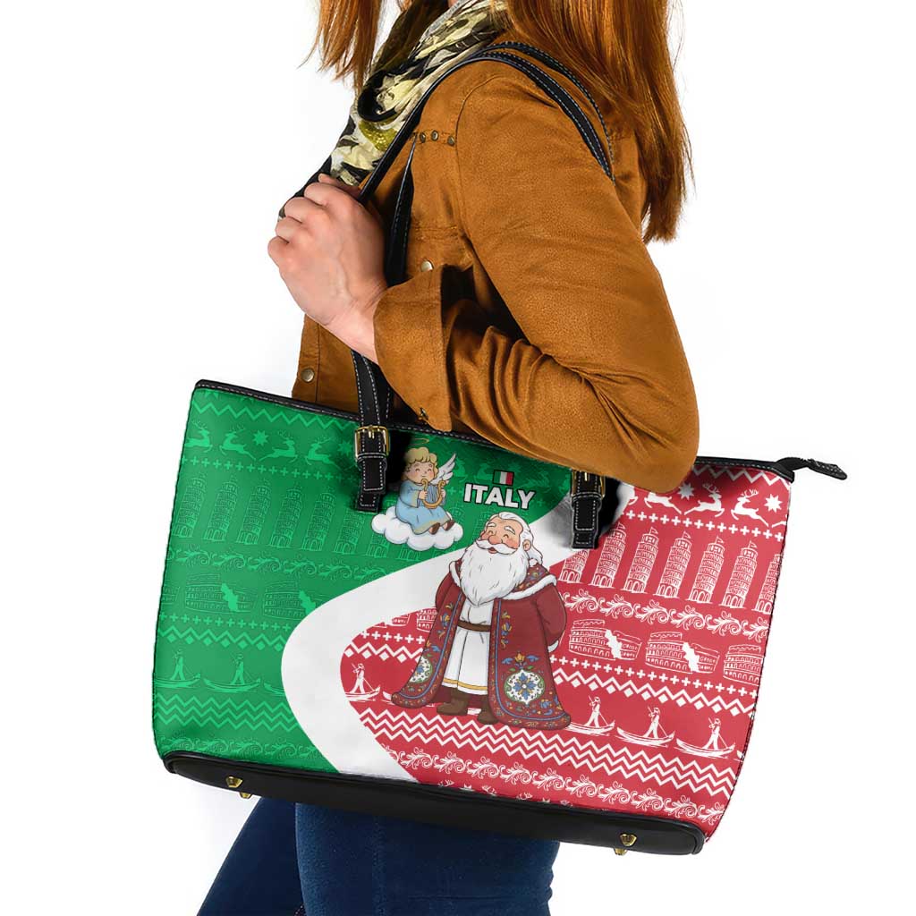 Italy Christmas Leather Tote Bag with Pizza Chef Santa Leaning Tower Colosseum and Red Green Holiday Pattern Design - Wonder Print Shop