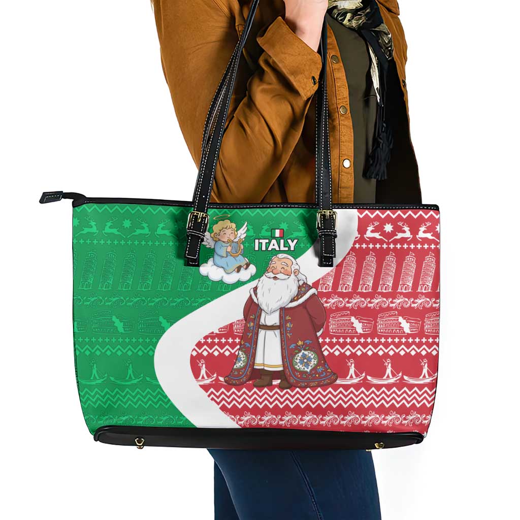 Italy Christmas Leather Tote Bag with Pizza Chef Santa Leaning Tower Colosseum and Red Green Holiday Pattern Design - Wonder Print Shop