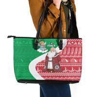 Italy Christmas Leather Tote Bag with Pizza Chef Santa Leaning Tower Colosseum and Red Green Holiday Pattern Design - Wonder Print Shop