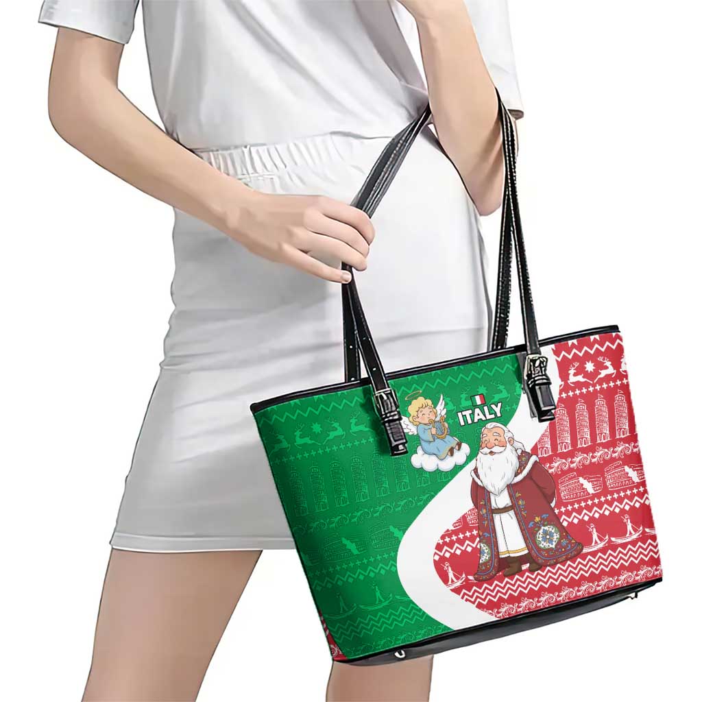 Italy Christmas Leather Tote Bag with Pizza Chef Santa Leaning Tower Colosseum and Red Green Holiday Pattern Design - Wonder Print Shop