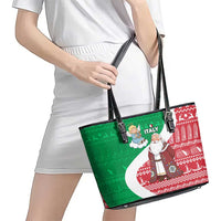 Italy Christmas Leather Tote Bag with Pizza Chef Santa Leaning Tower Colosseum and Red Green Holiday Pattern Design - Wonder Print Shop