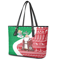 Italy Christmas Leather Tote Bag with Pizza Chef Santa Leaning Tower Colosseum and Red Green Holiday Pattern Design - Wonder Print Shop