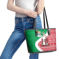 Italy Christmas Leather Tote Bag with Pizza Chef Santa Leaning Tower Colosseum and Red Green Holiday Pattern Design - Wonder Print Shop
