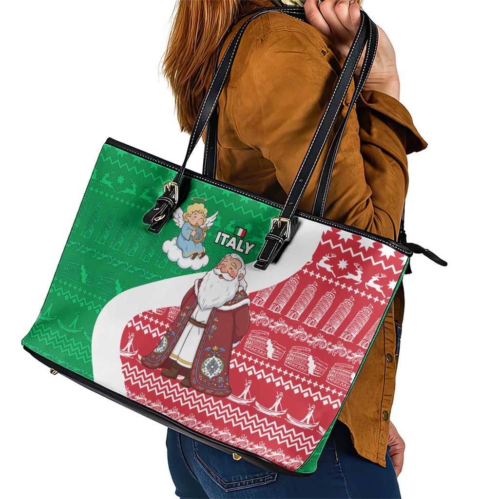 Italy Christmas Leather Tote Bag with Pizza Chef Santa Leaning Tower Colosseum and Red Green Holiday Pattern Design - Wonder Print Shop
