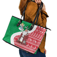 Italy Christmas Leather Tote Bag with Pizza Chef Santa Leaning Tower Colosseum and Red Green Holiday Pattern Design - Wonder Print Shop