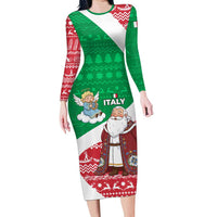 Italy Christmas Long Sleeve Bodycon Dress with Pizza Chef Santa Leaning Tower Colosseum and Red Green Holiday Pattern Design - Wonder Print Shop
