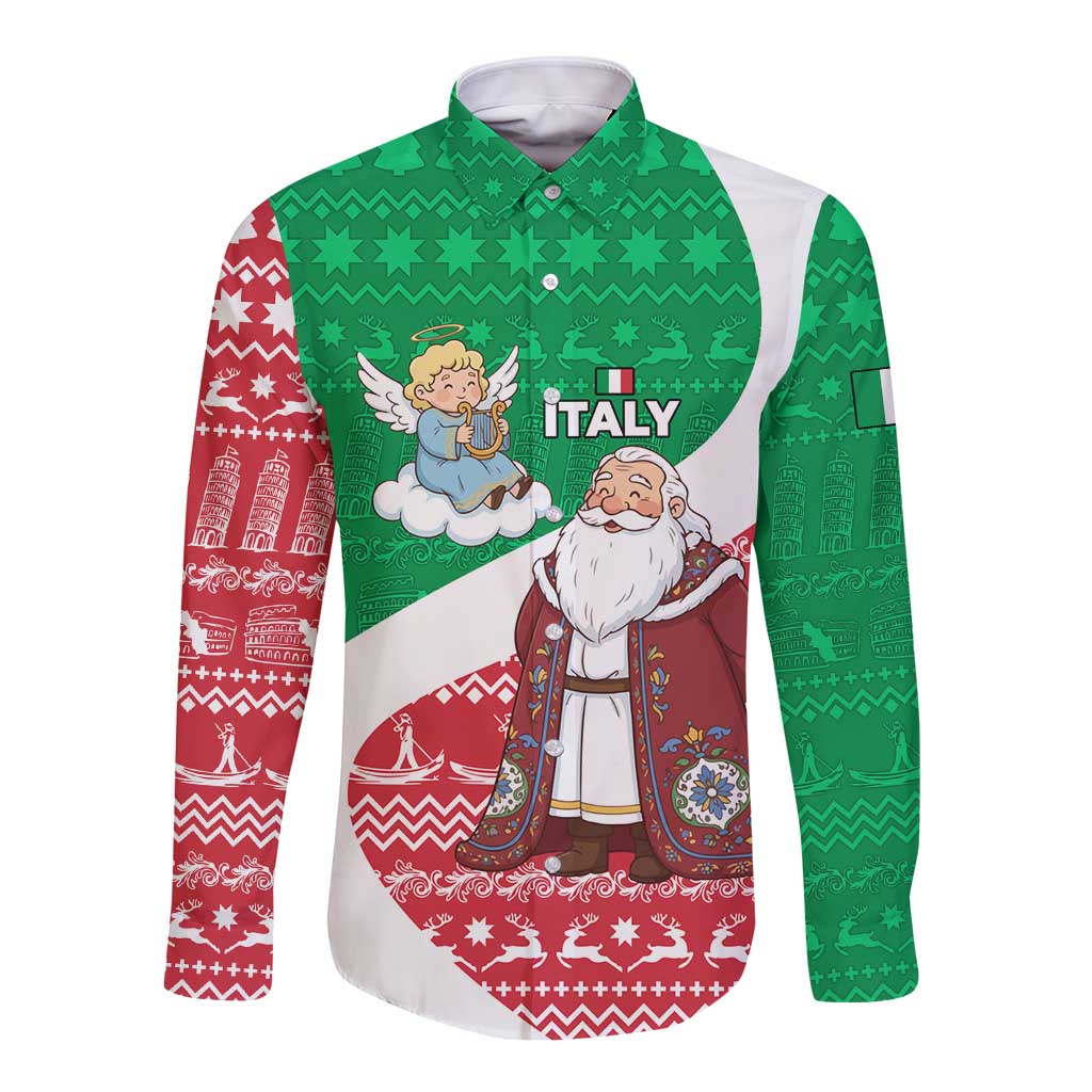 Italy Christmas Long Sleeve Button Shirt with Pizza Chef Santa Leaning Tower Colosseum and Red Green Holiday Pattern Design - Wonder Print Shop