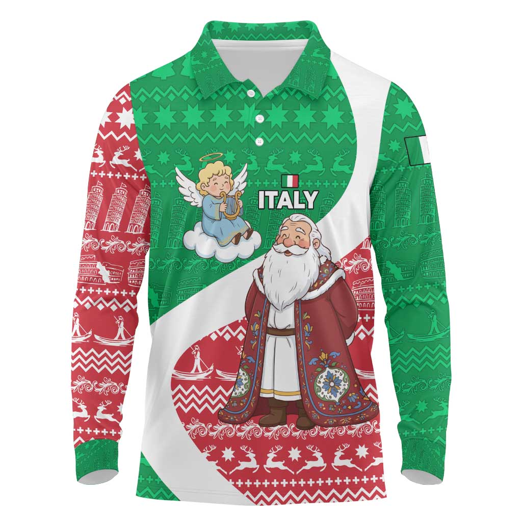 Italy Christmas Long Sleeve Polo Shirt with Pizza Chef Santa Leaning Tower Colosseum and Red Green Holiday Pattern Design - Wonder Print Shop