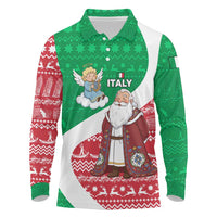 Italy Christmas Long Sleeve Polo Shirt with Pizza Chef Santa Leaning Tower Colosseum and Red Green Holiday Pattern Design - Wonder Print Shop