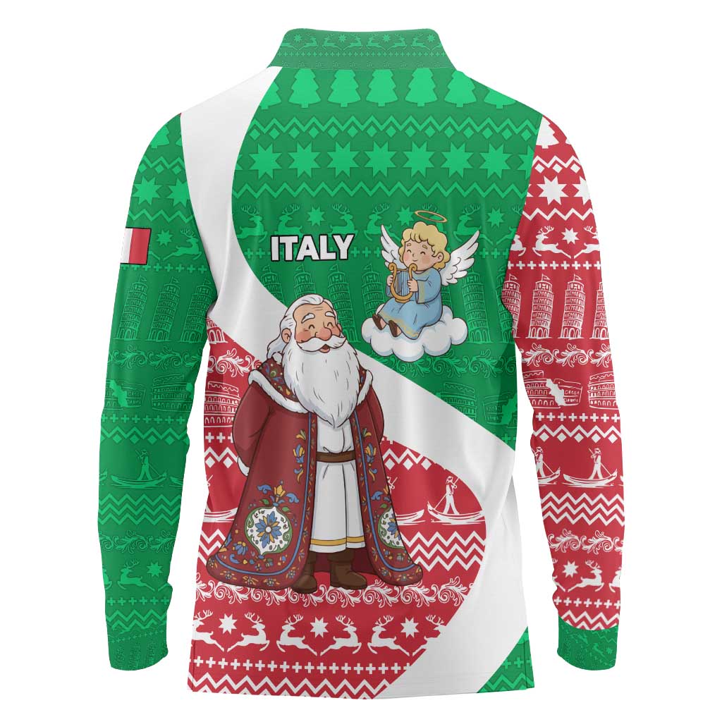 Italy Christmas Long Sleeve Polo Shirt with Pizza Chef Santa Leaning Tower Colosseum and Red Green Holiday Pattern Design - Wonder Print Shop