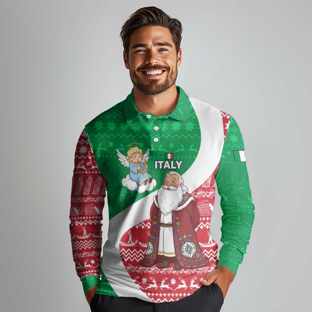 Italy Christmas Long Sleeve Polo Shirt with Pizza Chef Santa Leaning Tower Colosseum and Red Green Holiday Pattern Design - Wonder Print Shop