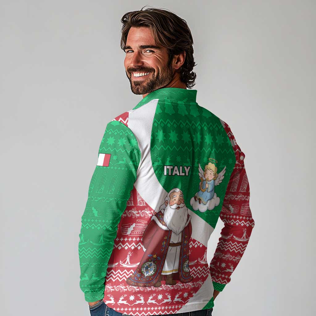 Italy Christmas Long Sleeve Polo Shirt with Pizza Chef Santa Leaning Tower Colosseum and Red Green Holiday Pattern Design - Wonder Print Shop