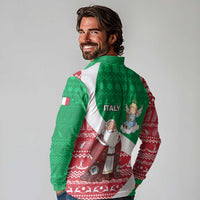 Italy Christmas Long Sleeve Polo Shirt with Pizza Chef Santa Leaning Tower Colosseum and Red Green Holiday Pattern Design - Wonder Print Shop