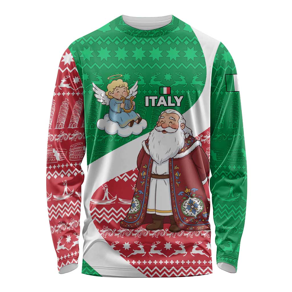 Italy Christmas Long Sleeve Shirt with Pizza Chef Santa Leaning Tower Colosseum and Red Green Holiday Pattern Design - Wonder Print Shop
