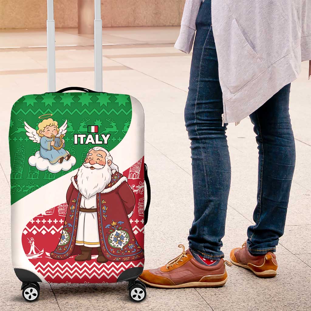 Italy Christmas Luggage Cover with Pizza Chef Santa Leaning Tower Colosseum and Red Green Holiday Pattern Design - Wonder Print Shop