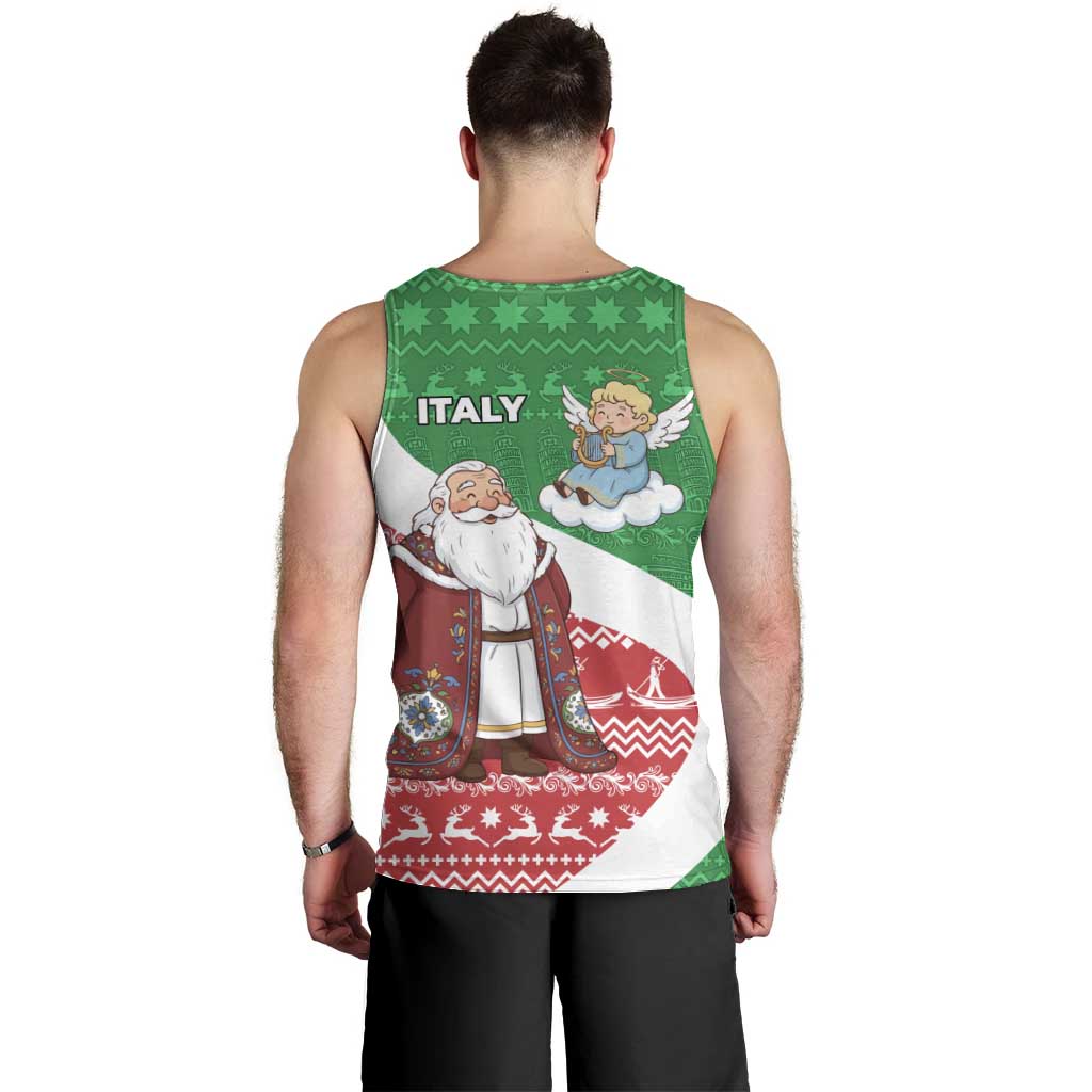 Italy Christmas Men Tank Top with Pizza Chef Santa Leaning Tower Colosseum and Red Green Holiday Pattern Design - Wonder Print Shop