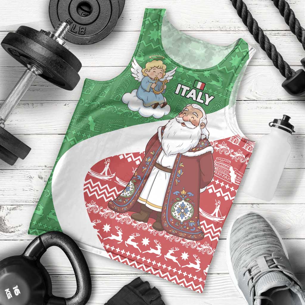 Italy Christmas Men Tank Top with Pizza Chef Santa Leaning Tower Colosseum and Red Green Holiday Pattern Design - Wonder Print Shop