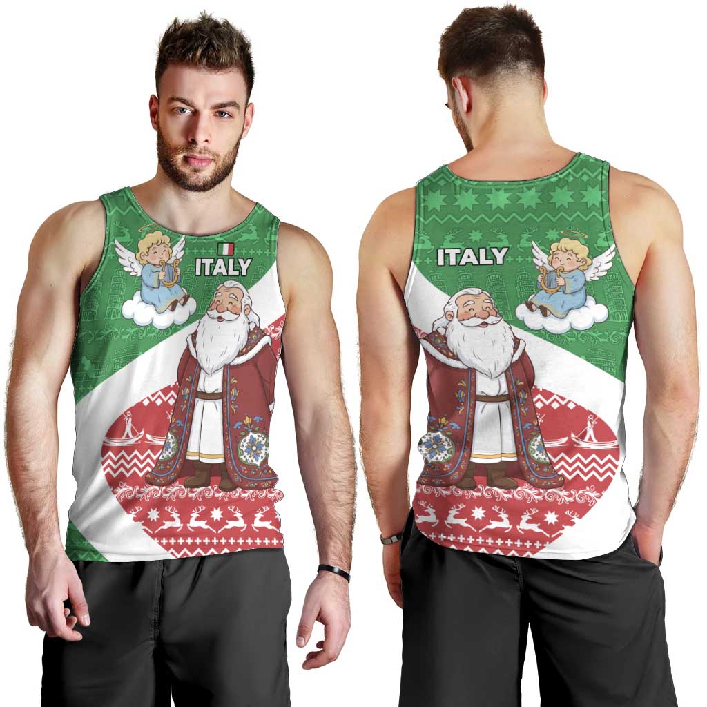 Italy Christmas Men Tank Top with Pizza Chef Santa Leaning Tower Colosseum and Red Green Holiday Pattern Design - Wonder Print Shop