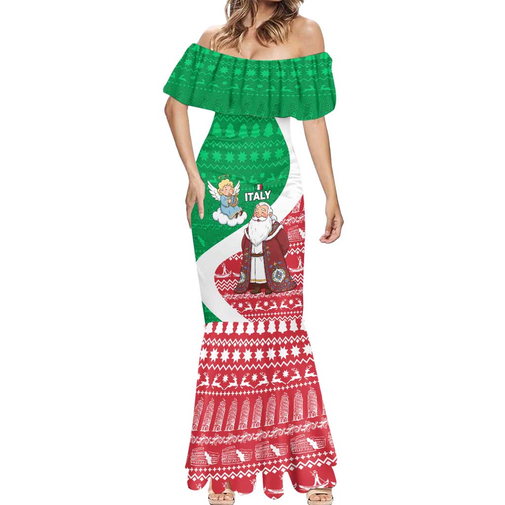 Italy Christmas Mermaid Dress with Pizza Chef Santa Leaning Tower Colosseum and Red Green Holiday Pattern Design - Wonder Print Shop