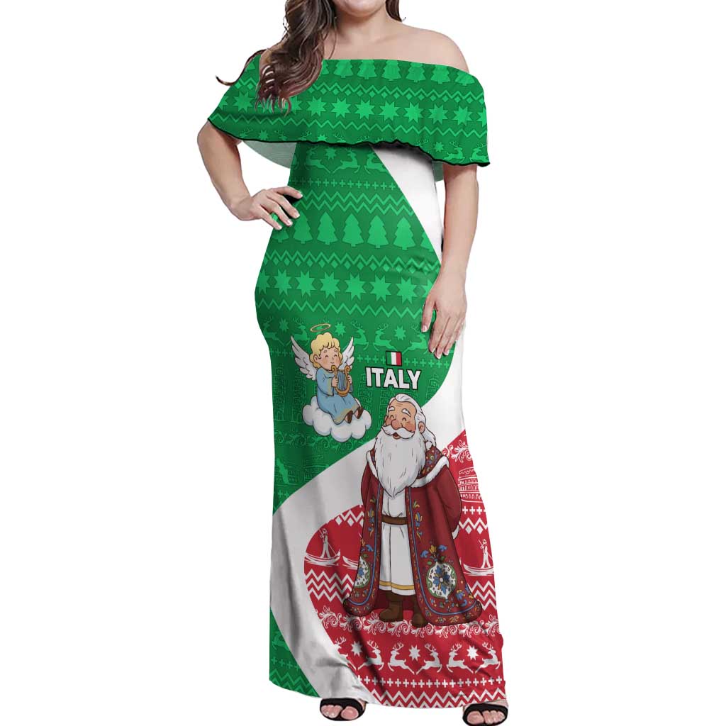 Italy Christmas Off Shoulder Maxi Dress with Pizza Chef Santa Leaning Tower Colosseum and Red Green Holiday Pattern Design - Wonder Print Shop
