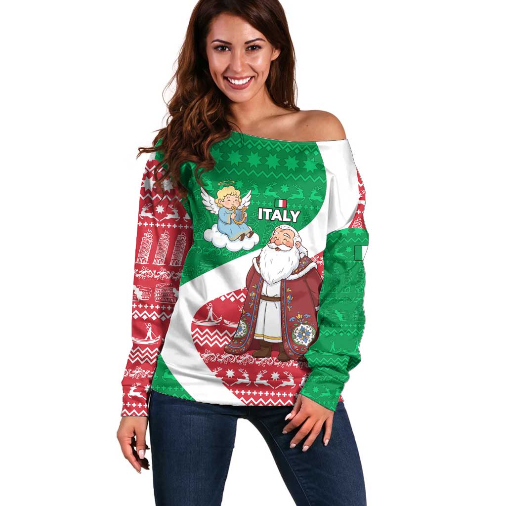 Italy Christmas Off Shoulder Sweater with Pizza Chef Santa Leaning Tower Colosseum and Red Green Holiday Pattern Design - Wonder Print Shop