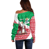 Italy Christmas Off Shoulder Sweater with Pizza Chef Santa Leaning Tower Colosseum and Red Green Holiday Pattern Design - Wonder Print Shop