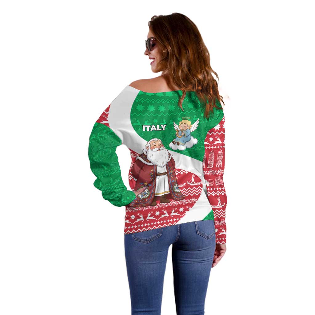 Italy Christmas Off Shoulder Sweater with Pizza Chef Santa Leaning Tower Colosseum and Red Green Holiday Pattern Design - Wonder Print Shop