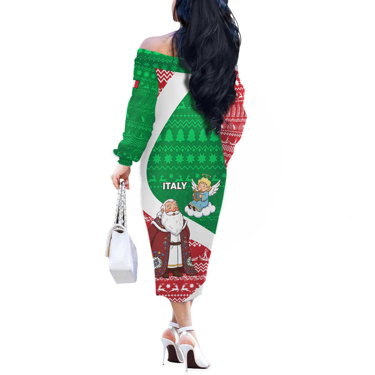 Italy Christmas Off The Shoulder Long Sleeve Dress with Pizza Chef Santa Leaning Tower Colosseum and Red Green Holiday Pattern Design - Wonder Print Shop