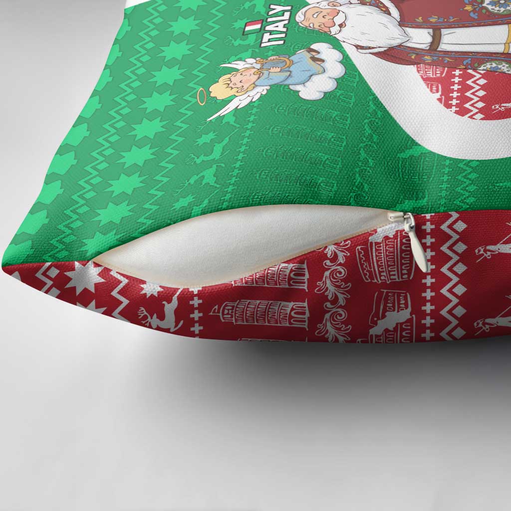 Italy Christmas Pillow Cover with Pizza Chef Santa Leaning Tower Colosseum and Red Green Holiday Pattern Design - Wonder Print Shop