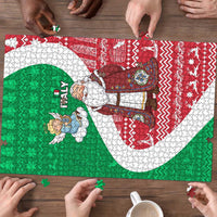 Italy Christmas Puzzle with Pizza Chef Santa Leaning Tower Colosseum and Red Green Holiday Pattern Design - Wonder Print Shop