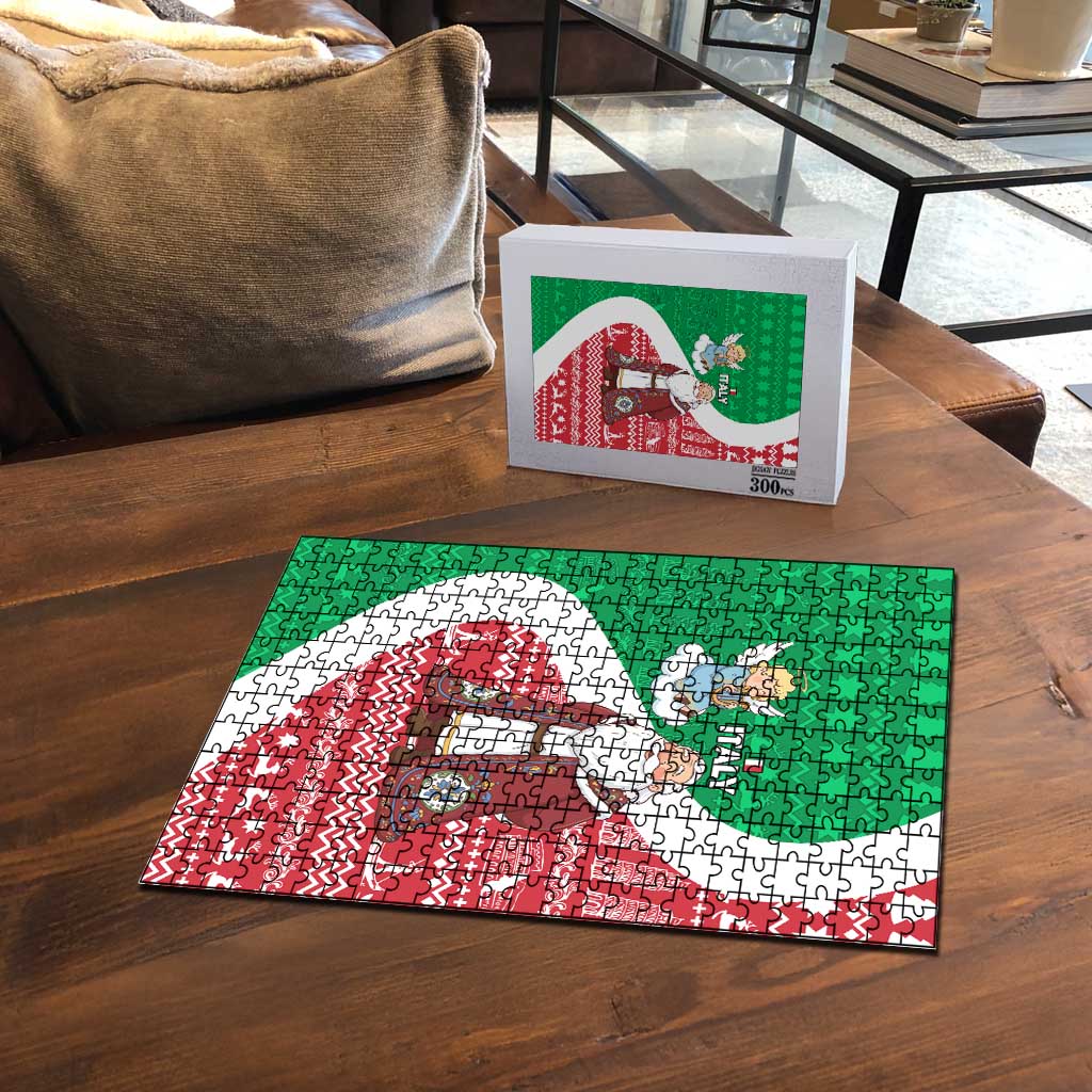 Italy Christmas Puzzle with Pizza Chef Santa Leaning Tower Colosseum and Red Green Holiday Pattern Design - Wonder Print Shop