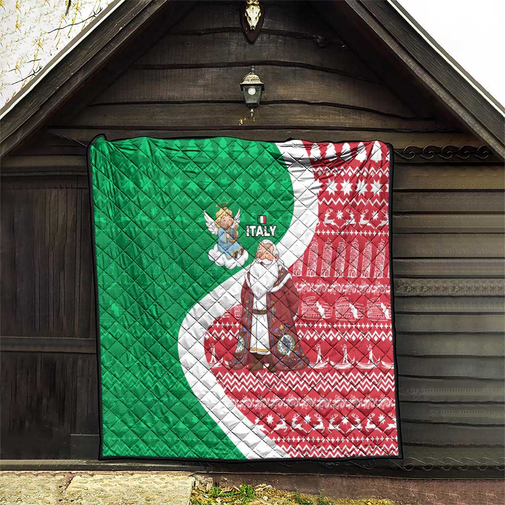 Italy Christmas Quilt with Pizza Chef Santa Leaning Tower Colosseum and Red Green Holiday Pattern Design - Wonder Print Shop