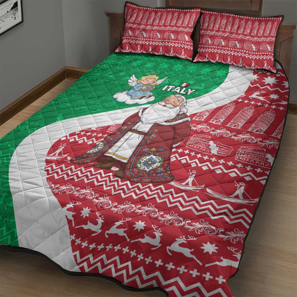 Italy Christmas Quilt Bed Set with Pizza Chef Santa Leaning Tower Colosseum and Red Green Holiday Pattern Design - Wonder Print Shop