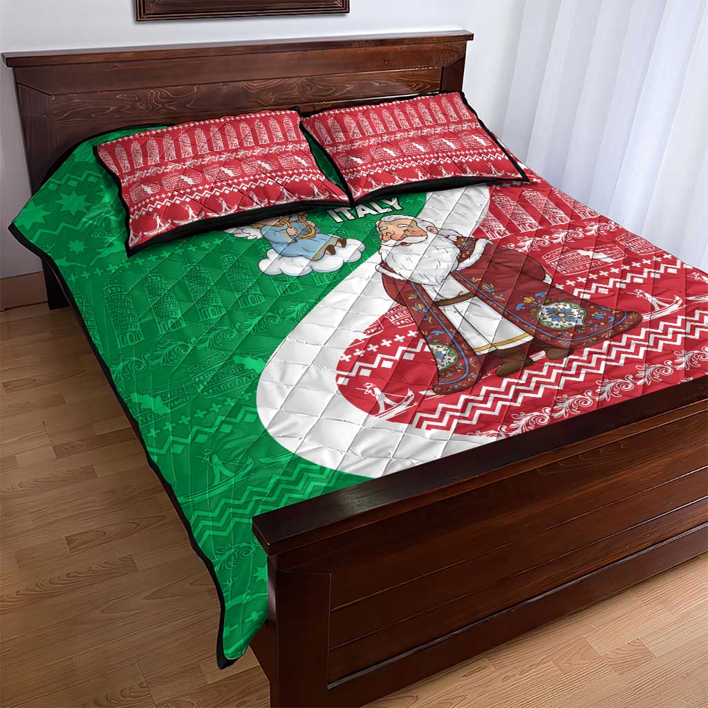 Italy Christmas Quilt Bed Set with Pizza Chef Santa Leaning Tower Colosseum and Red Green Holiday Pattern Design - Wonder Print Shop
