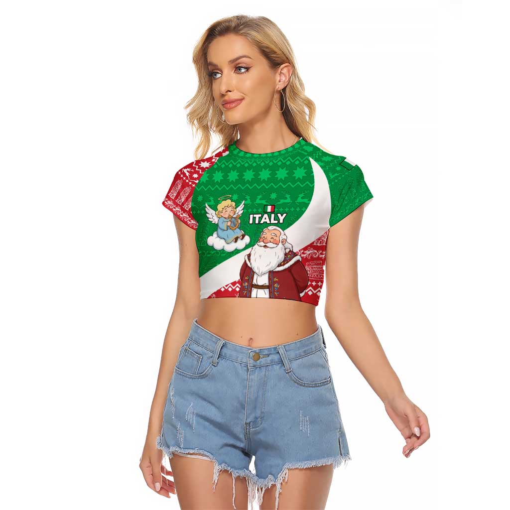 Italy Christmas Raglan Cropped T Shirt with Pizza Chef Santa Leaning Tower Colosseum and Red Green Holiday Pattern Design - Wonder Print Shop