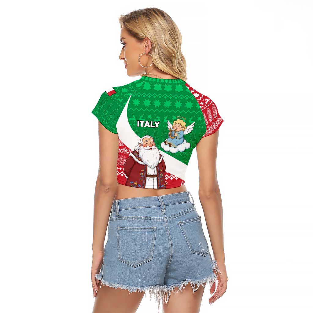 Italy Christmas Raglan Cropped T Shirt with Pizza Chef Santa Leaning Tower Colosseum and Red Green Holiday Pattern Design - Wonder Print Shop