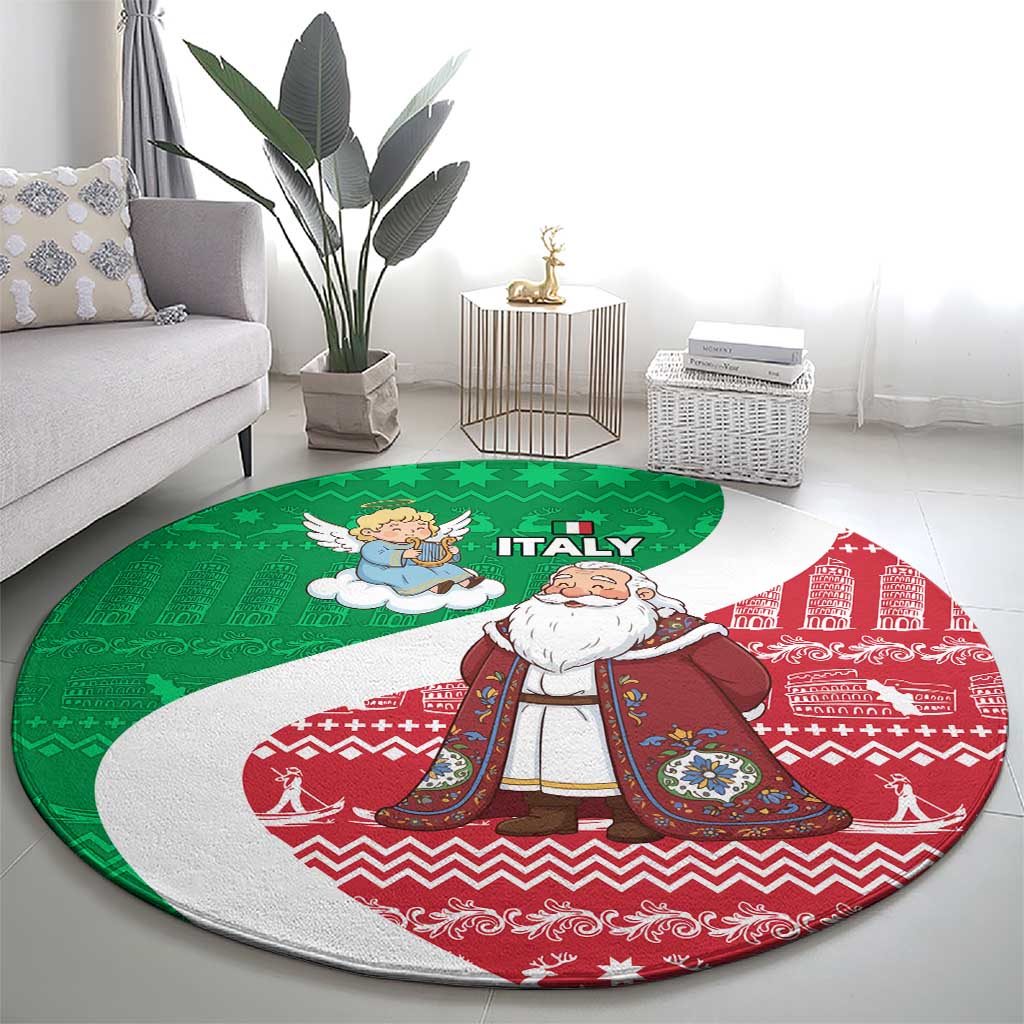 Italy Christmas Round Carpet with Pizza Chef Santa Leaning Tower Colosseum and Red Green Holiday Pattern Design - Wonder Print Shop