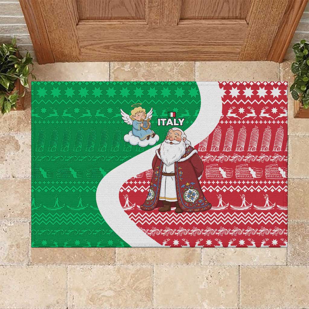 Italy Christmas Rubber Doormat with Pizza Chef Santa Leaning Tower Colosseum and Red Green Holiday Pattern Design - Wonder Print Shop