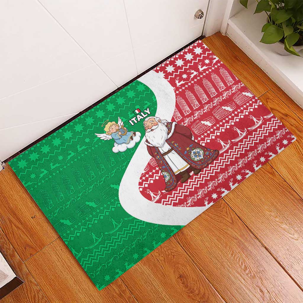 Italy Christmas Rubber Doormat with Pizza Chef Santa Leaning Tower Colosseum and Red Green Holiday Pattern Design - Wonder Print Shop