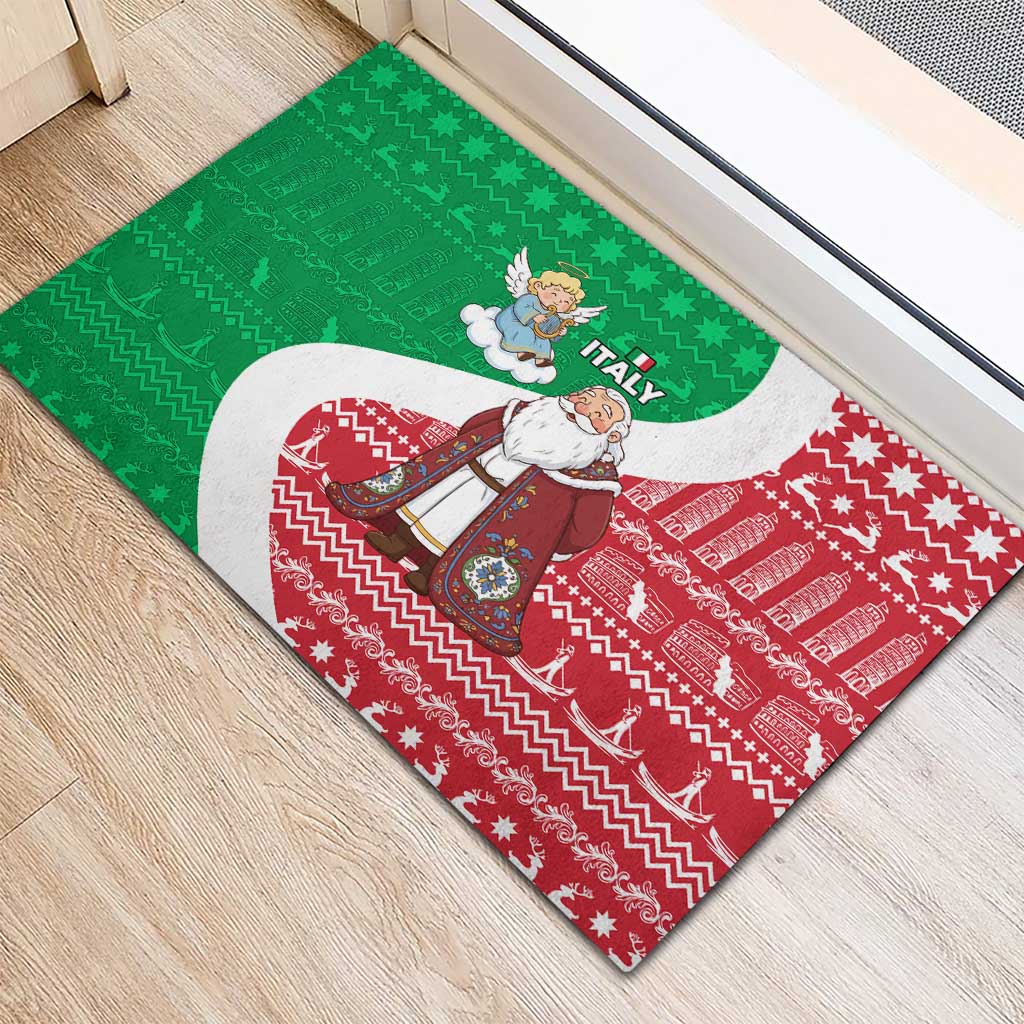 Italy Christmas Rubber Doormat with Pizza Chef Santa Leaning Tower Colosseum and Red Green Holiday Pattern Design - Wonder Print Shop