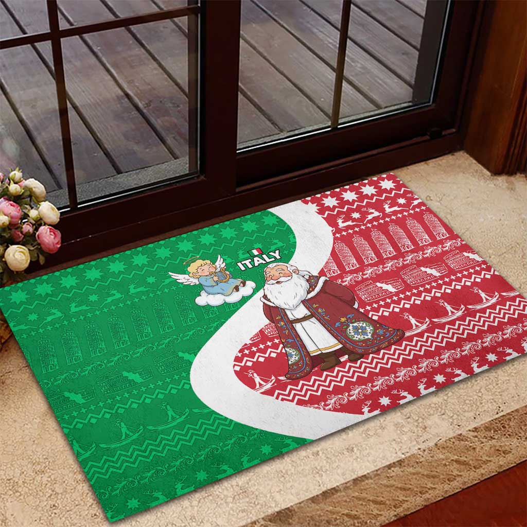 Italy Christmas Rubber Doormat with Pizza Chef Santa Leaning Tower Colosseum and Red Green Holiday Pattern Design - Wonder Print Shop