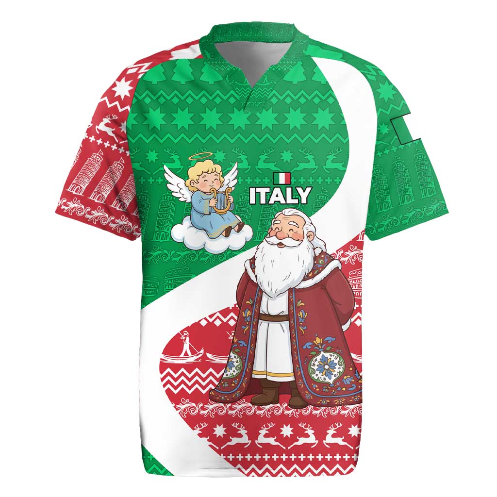 Italy Christmas Rugby Jersey with Pizza Chef Santa Leaning Tower Colosseum and Red Green Holiday Pattern Design - Wonder Print Shop