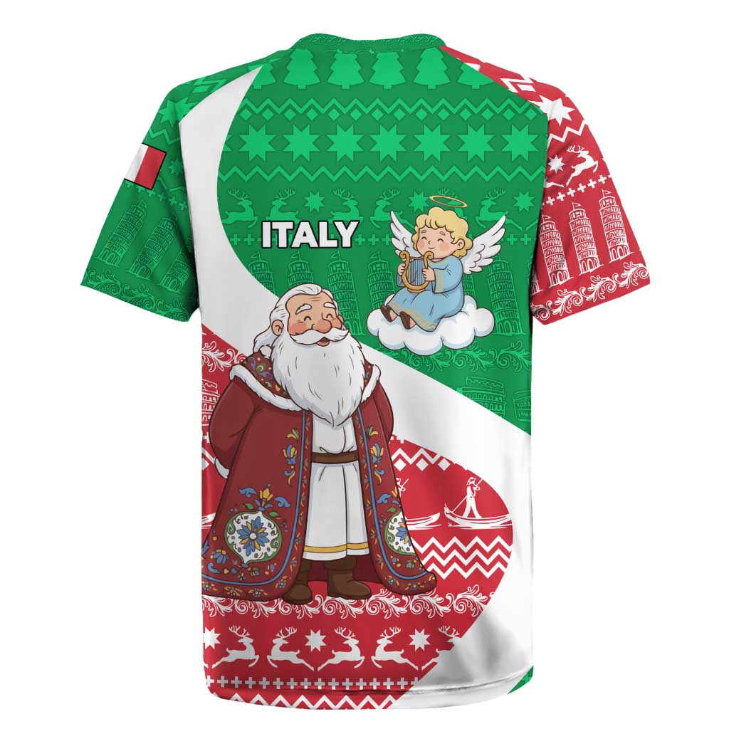 Italy Christmas Rugby Jersey with Pizza Chef Santa Leaning Tower Colosseum and Red Green Holiday Pattern Design - Wonder Print Shop